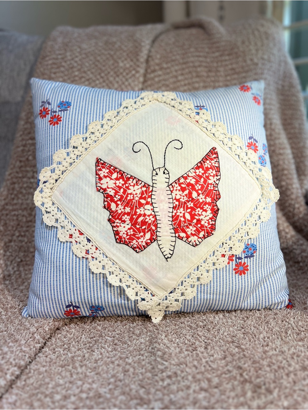 VTG Handmade Quilt Butterfly Pillow Ticking Calico Lace 14”x14” Cottagecore
